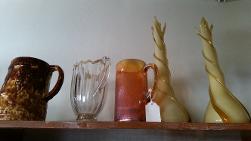 Brush McCoy Yellow Ware Peacock, Northwood Pattern Glass, Treebark Carnival Glass Pitcher, Murano Vases
