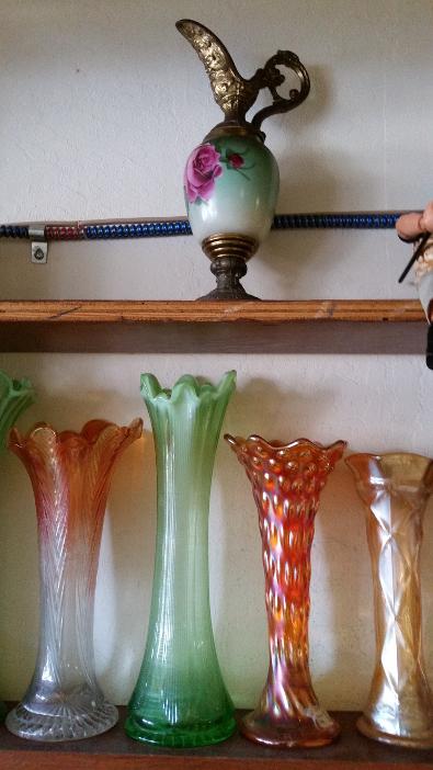 Small Victorian Ewer, Carnival Glass Vases